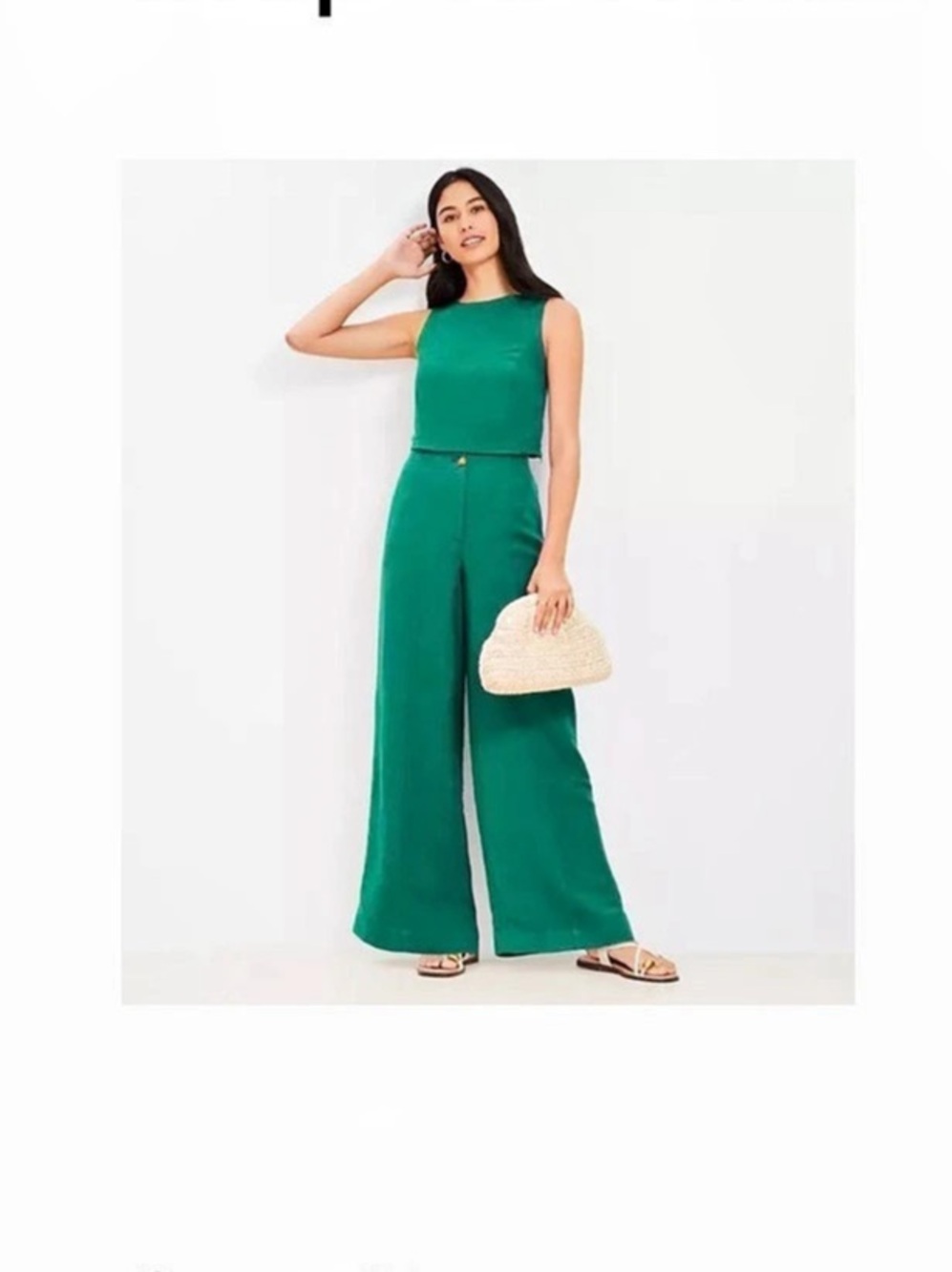 LOFT Linen Blend Pull On Wide Leg Pants Evergreen 6P